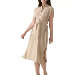 Emma & Michele Green Cap Sleeve Collar Tie Waist Solid Fit & Flare Midi Dress